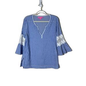 Lilly Pulitzer Amelia Island Flounce Sleeve Tunic Top Blue Haven Medium